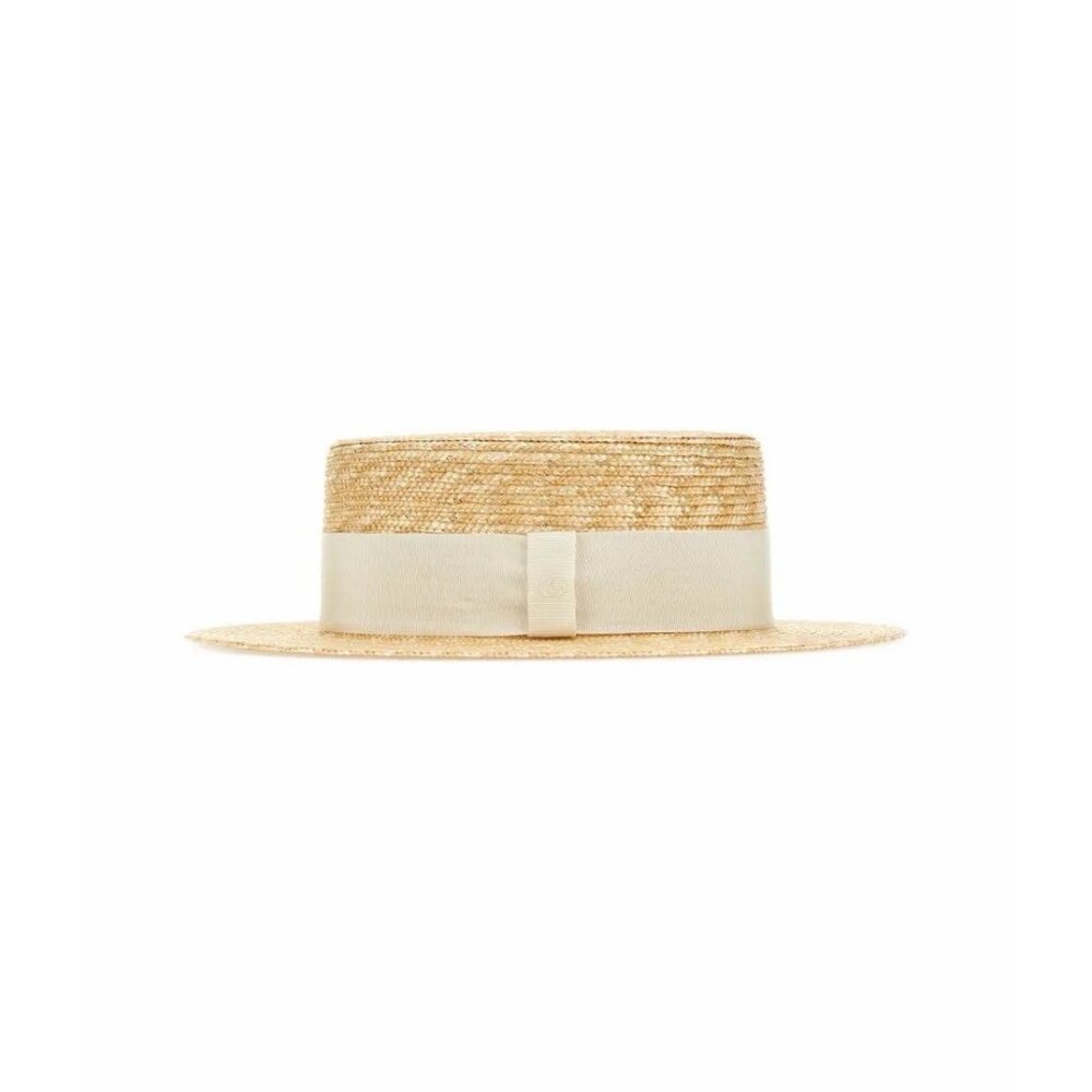 NEW Gucci Wide Brim Raffia Straw GG Ribbon White Hat XL 59 cm